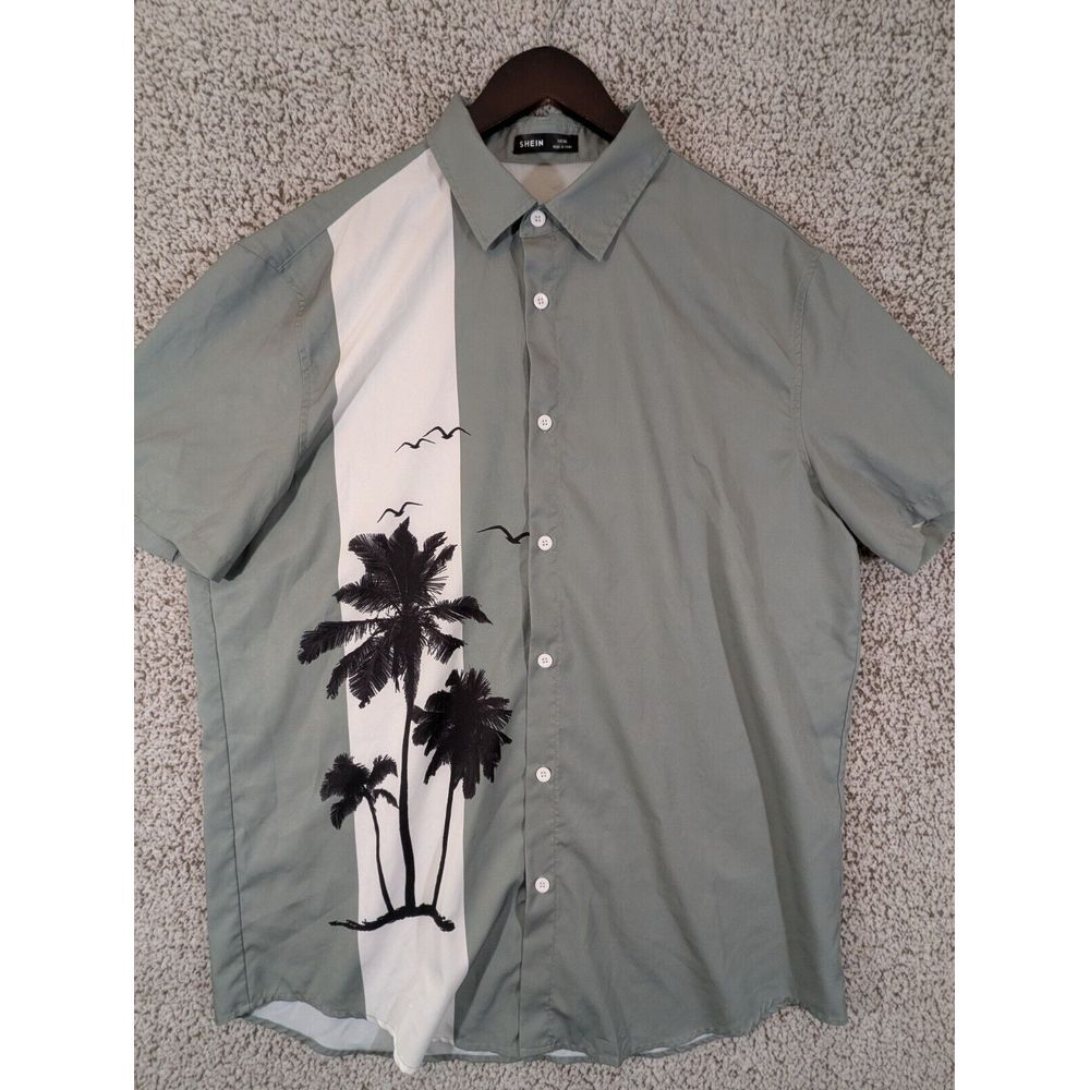 SHEIN Hawaiian Shirt Men's XXL Gray & White‎ Palm Trees Button Down